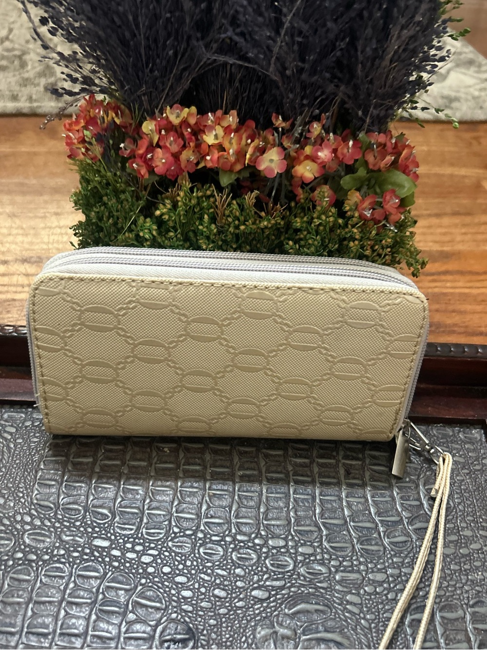Beige Embossed Double Zip Wristlet Wallet Organizer